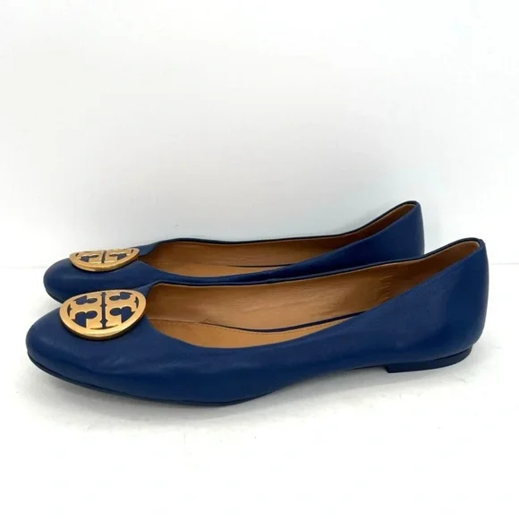 Tory Burch Women’s Benton blue leather ballet flats oversized golden logo - Picture 3 of 8